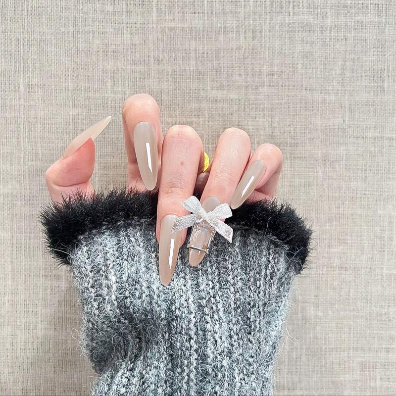 

Almond Press-On Nails with Organza Bow - Bridal & Elegant False Nails Glue Model