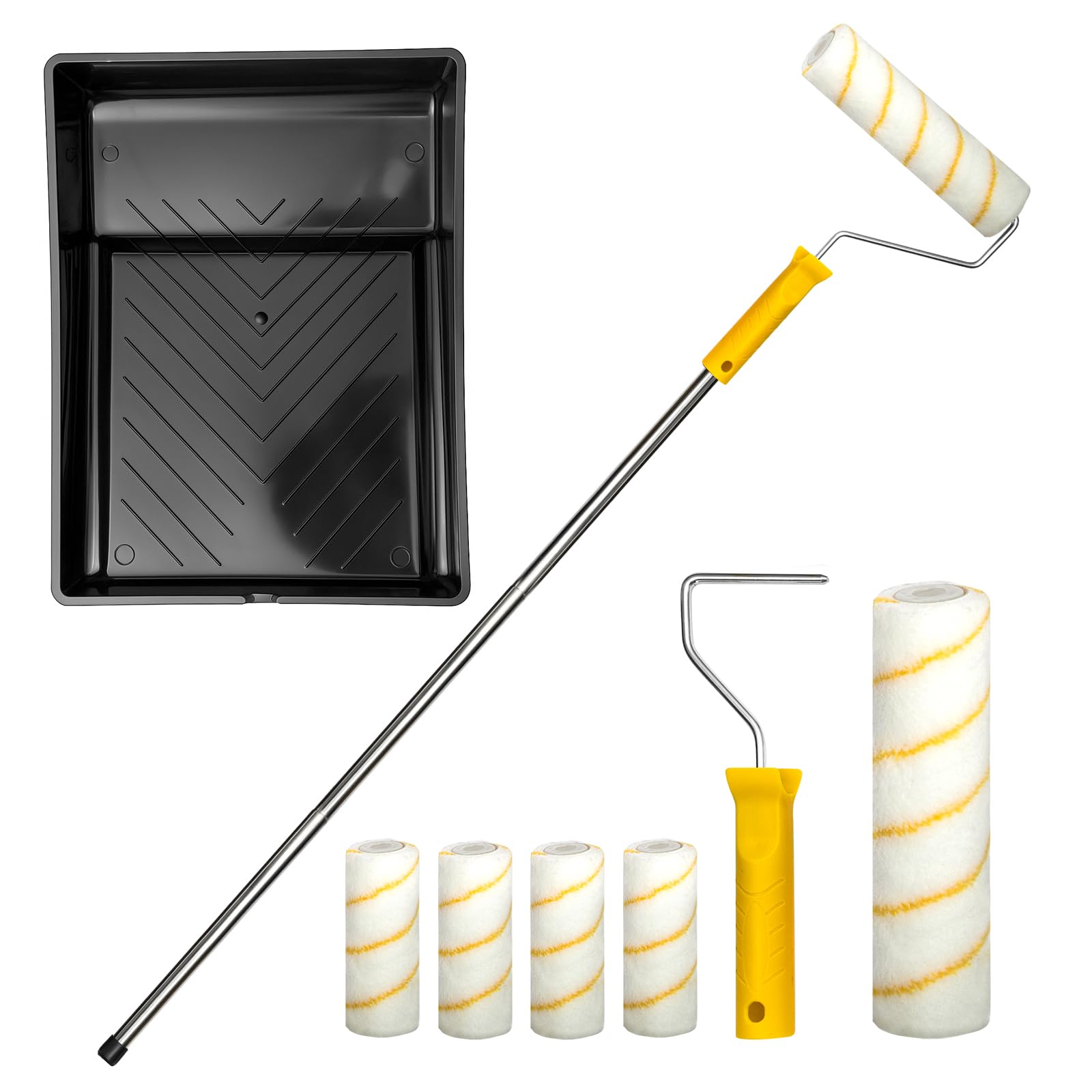 

GROWNEER 10 PCS Paint Roller Set with Extension Pole, Large & Small Rollers and Tray – Effortless and Precise Painting for Walls, Ceilings, Doors