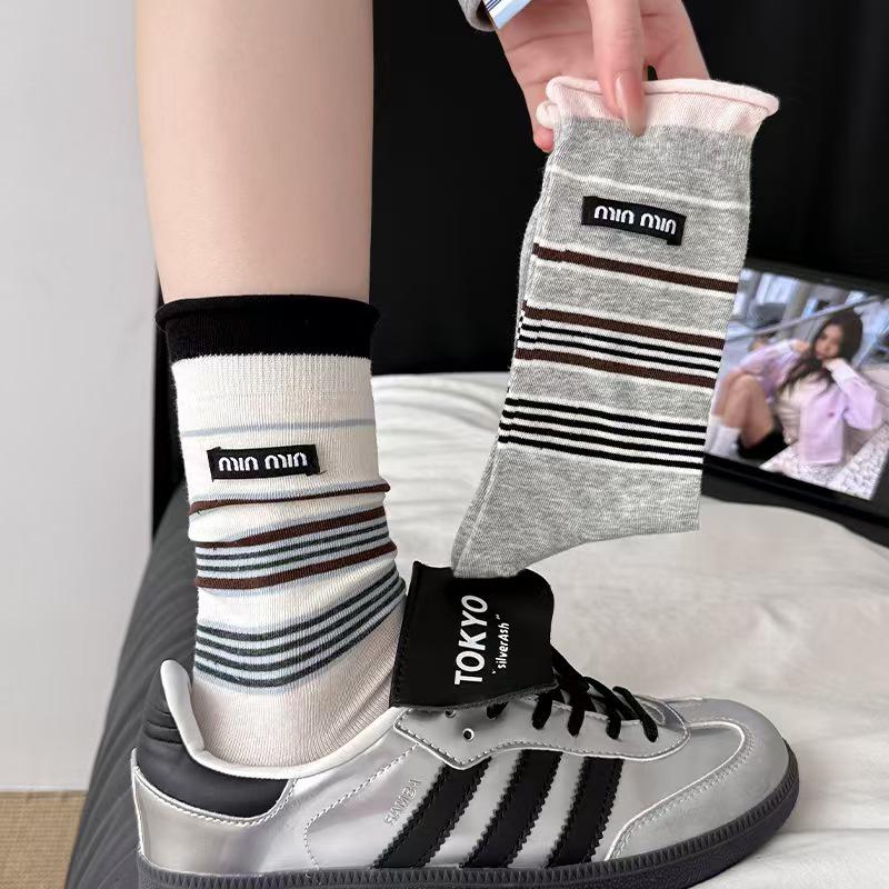 Women's Mid-Calf Striped Slouch Socks - Korean Style, Breathable Cotton for Spring & Autumn