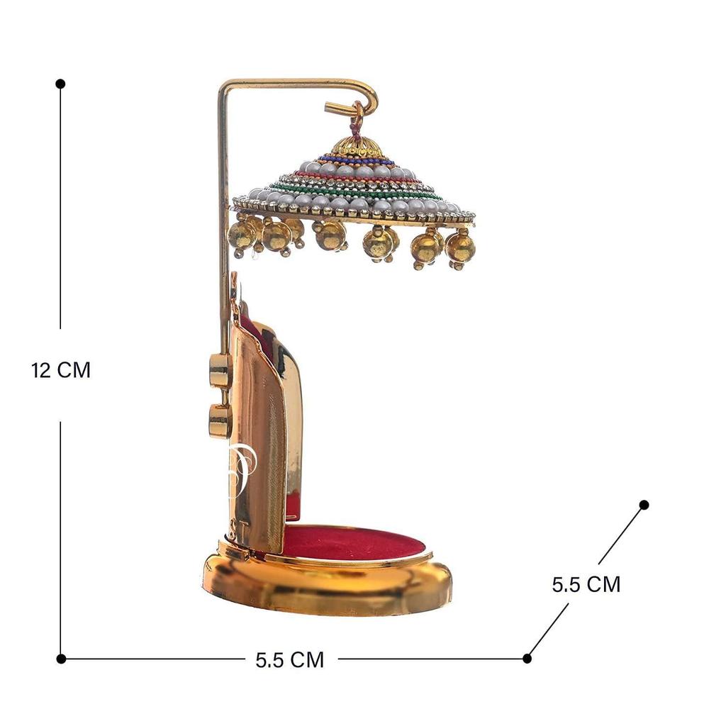 Metal Diamond Studded Umbrella Chhatra With Golden Hangings For God Idol, Car Dashboard/Office Desk/