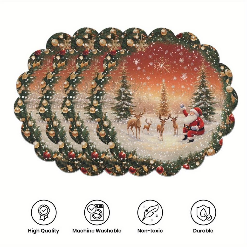 Christmas Themed Exquisite Printed Wavy Placemats, Red Berries, and Golden Pine Branch Patterns, Non-slip, Heat-resistant, Suitable for Holiday Table