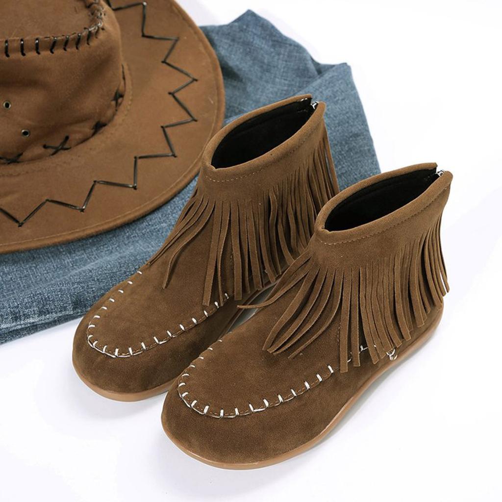 Large Size Tassel Flat Short Boots Women's Belt Boots Suede Casual Boots Boots Women Wide Width