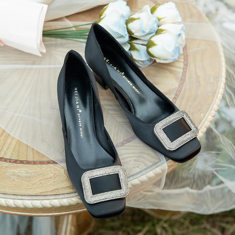 Retro satin silk square buckle high heels women's heel thick square head medium heel single shoes sheepskin spring
