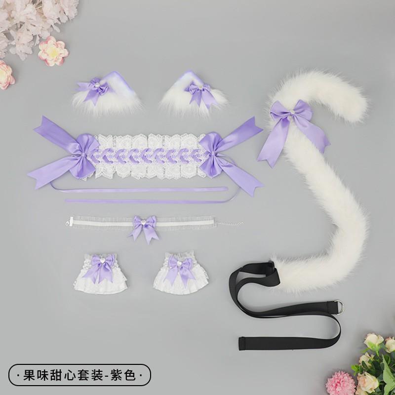 Süßes Lolita Haaraccessoires Set Katzenohren-Haarreif Mit Schleifenclip Handgefertigtes Stoff-Haarband Anime Convention