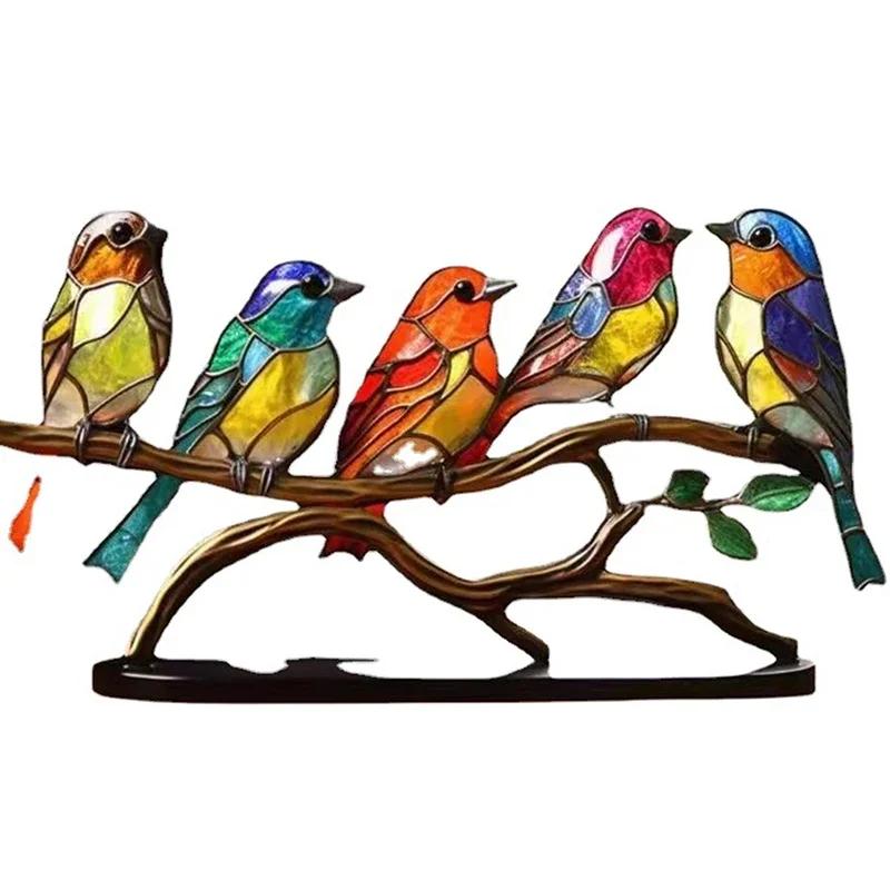 2/3/5pcs Stained Acrylic Birds Branch Desktop Ornaments, Double Sided Multicolor Style Craft Statue Ornaments Desktop Decoration