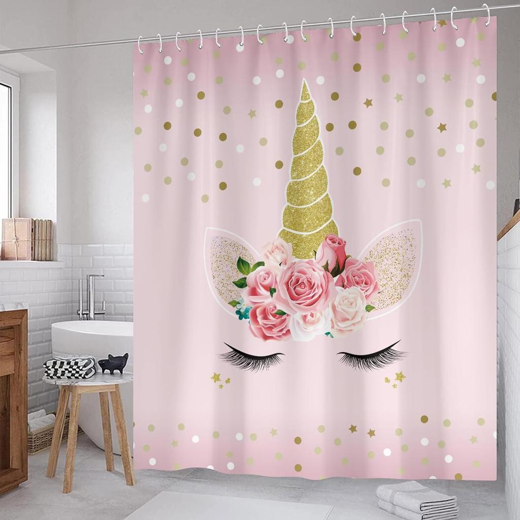 Unicorn Polka Dot Pink Shower Curtain for Girls, Waterproof Polyester Fabric Kids Bathroom Decor with Fantasy Pattern