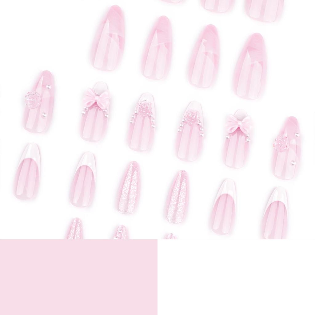 French White 3D Bow Camellia Wearable False Nails with Pearl Ribbon Tips