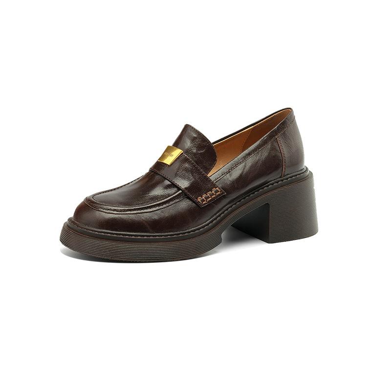 Spot Lightning Hair~ Gold Buckle Round Head Heightening Loafers 2025 Spring and Summer Retro Sheepskin Thick Heel Single Shoes Main Push