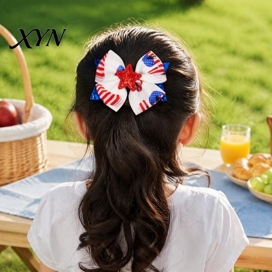 Red And Blue Hair Bows Independence Day Bow Clip for Girls, White Glitter Hairpin, Double Layer Decorative Barrettes with Sequins Star, Fashion