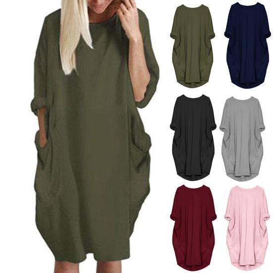 Fashion Lady Casual Solid Color Loose Round Neck Half Sleeve Pullover Midi