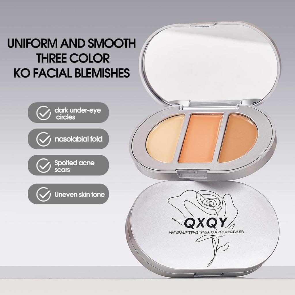 QXQY Natural Fit Tri-Color Concealer Stereoscopic Concealer Dark Circles Brighten Tear Troughs Salmon Color