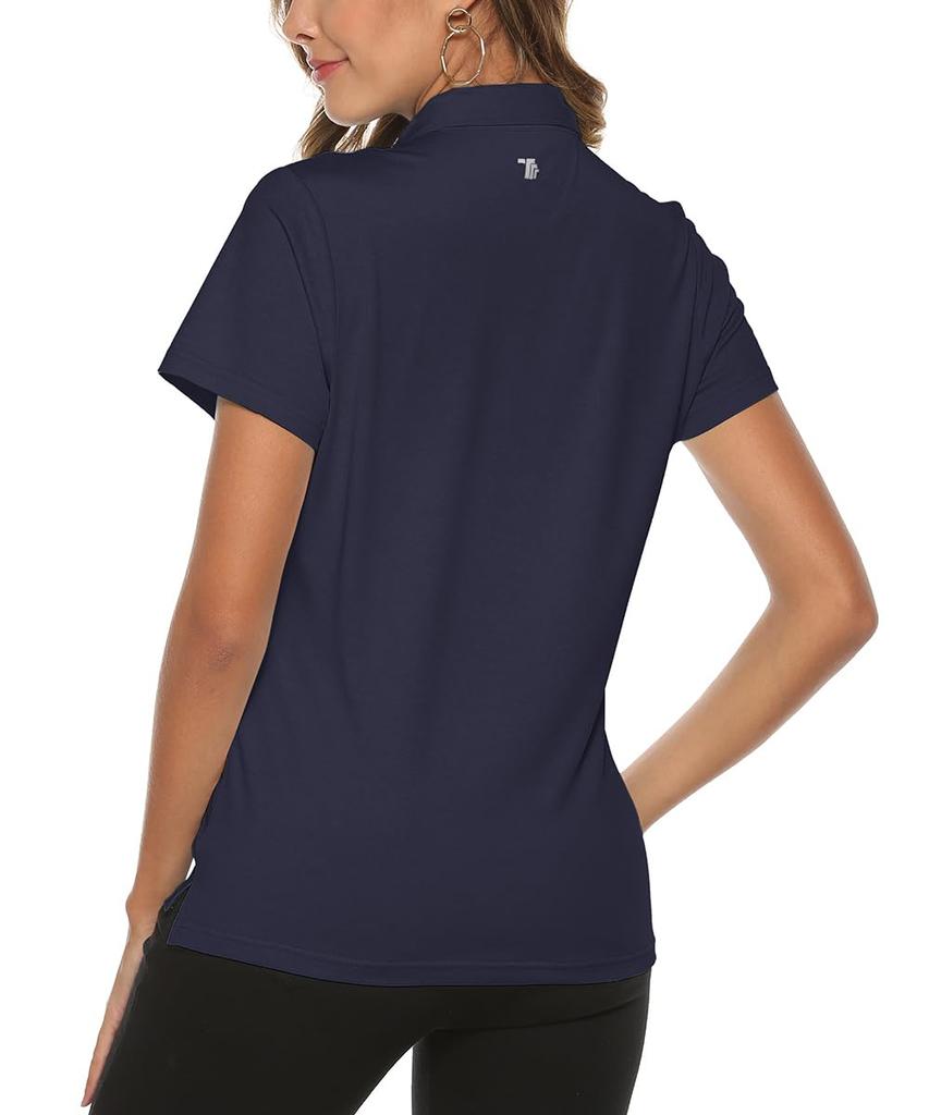 [Gopune] Women's Short-Sleeve Polo Shirt, Sweat-Wicking Quick-Dry Breathable UV-Cut, Stretch Collared Top for Golf Tennis Sports Casual (Navy, 2L)