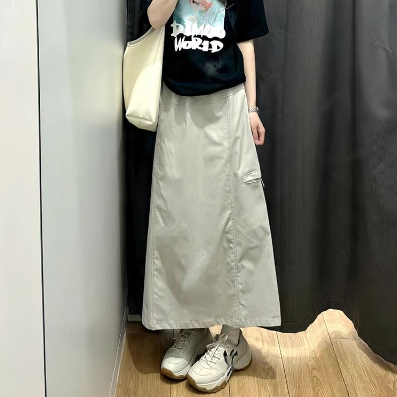 Women's Autumn Grayish-White Utility High-Waist A-Line Maxi Skirt - Vintage American Style Slim-Fit Half Skirt