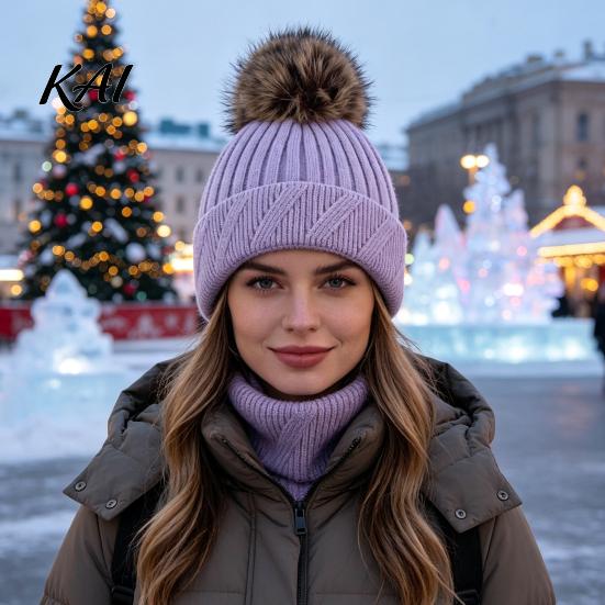Machine Washable Winter Caps Knitted Hat for Women, Cold Weather Fleece Lined with Pom Thermal Hats Girls Pom, Chunky Snow Hat, Soft Ribbed