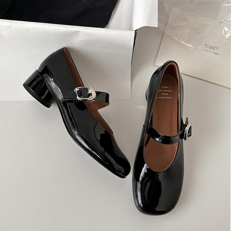 

2025 весна и лето новые туфли Мэри Джейн с круглым носком женские с мелким вырезом на высоком толстом каблуке одинарные туфли из коровьей кожи женские туфли 34 чёрный