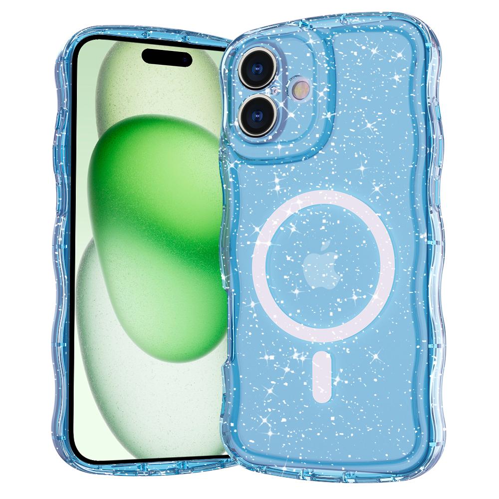 For iPhone 16 Magnetic Case Wave Edge Glitter TPU Phone Back Cover