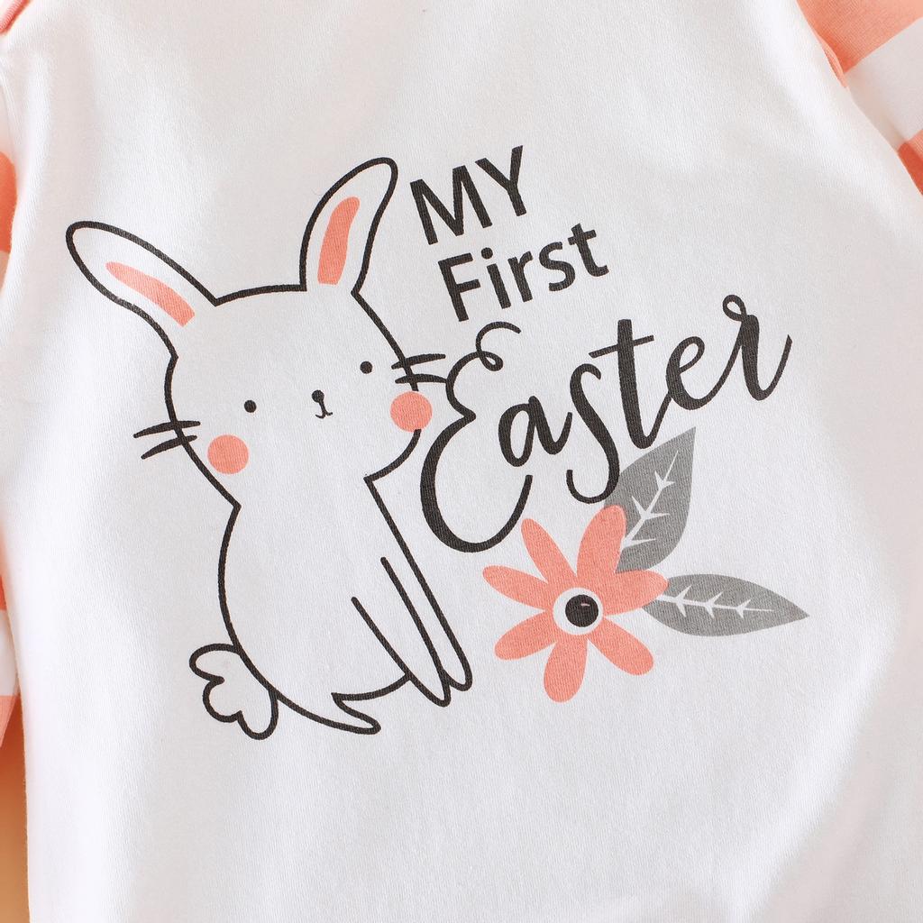 Newborn Infant Baby Easter Patchwork Striped Bunny Print Romper Jumpsuit Set