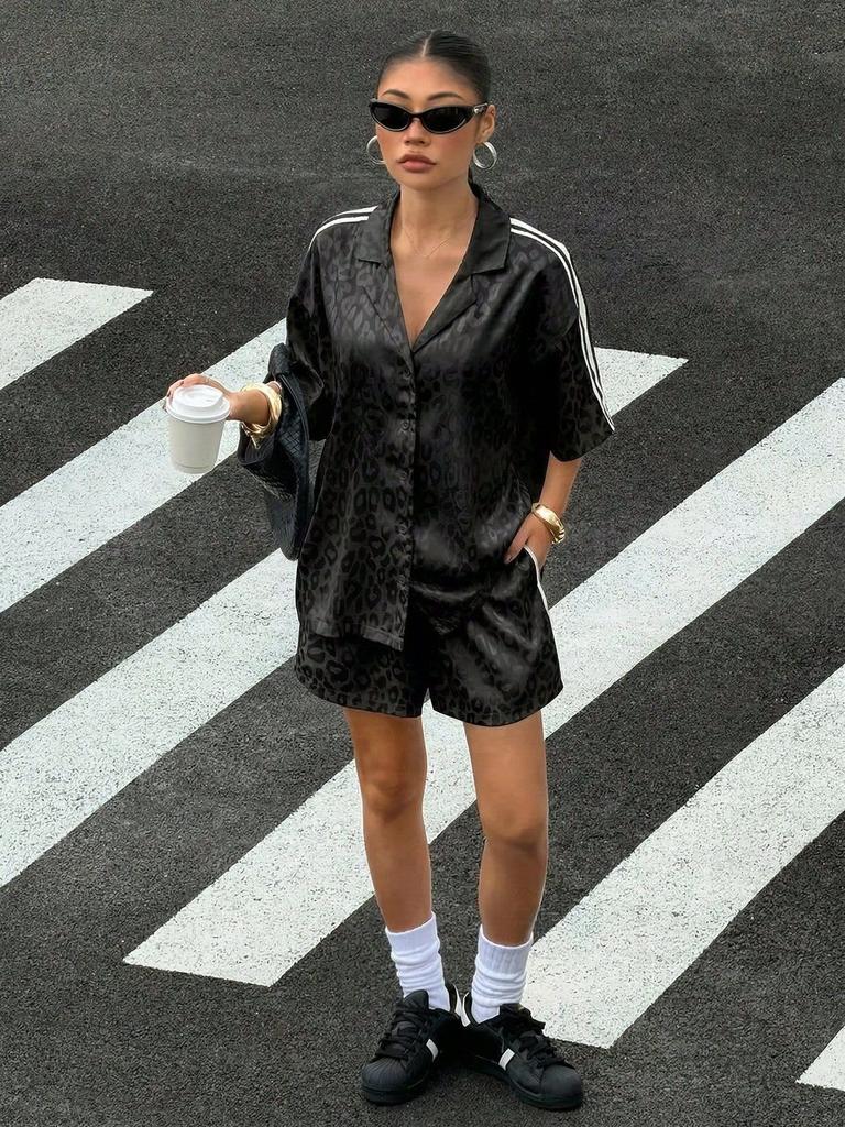 2026 New European and American Style Spice Girl Suit Leopard Print Satin Short-sleeved Shirt + High Waist Striped Shorts, Casual