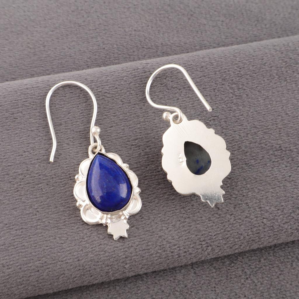 Lapis Lazuli Gemstone 925 Stamped Silver Jewelry Handmade Earrings 1.6" For Gift EE-163-22