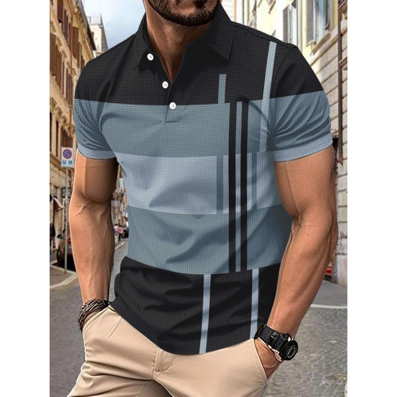 Men Geometric Color Block Short Sleeve Textured Polo Shirt S серый