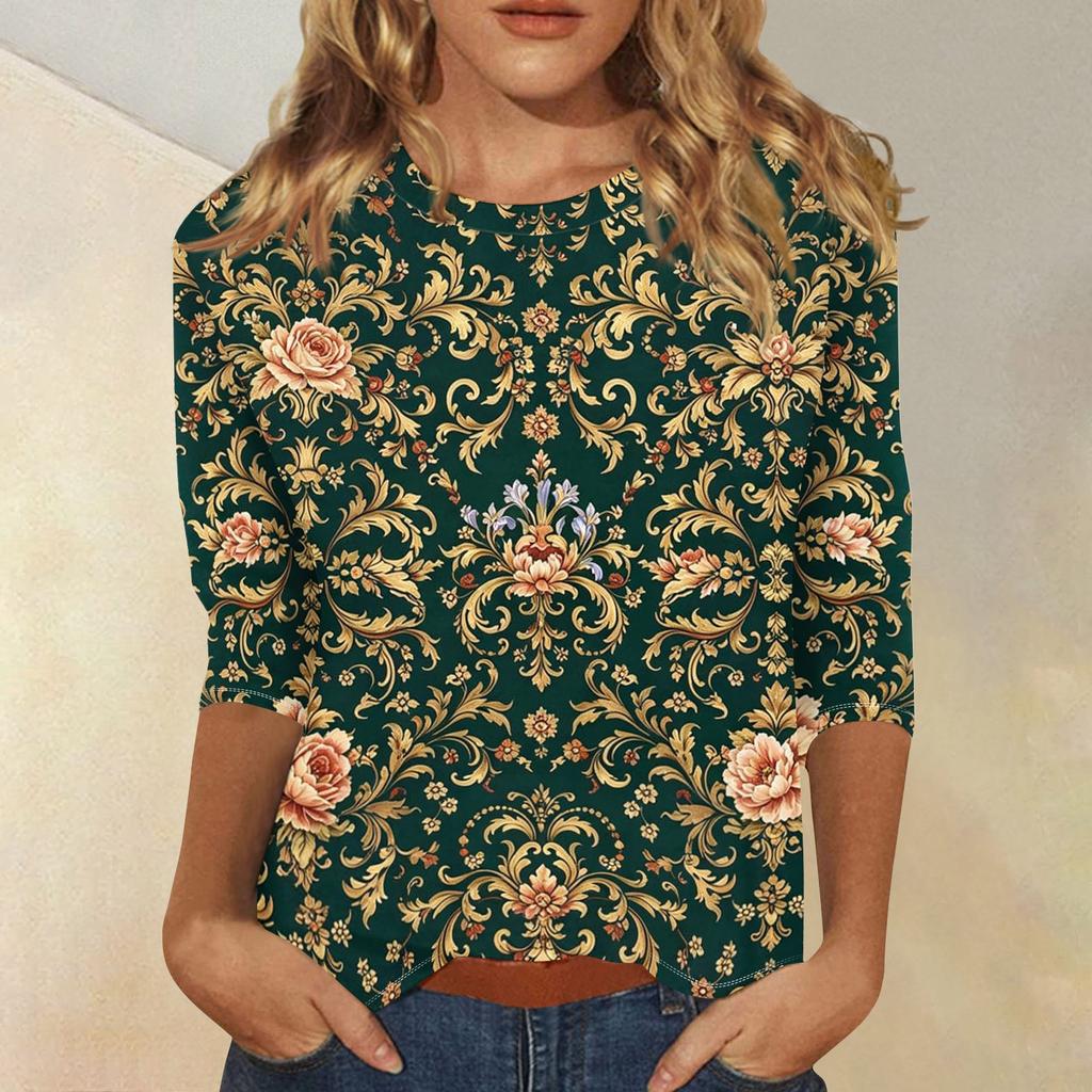 Women's Casual Three Quarter Sleeve Floral Print Top Round Neck Blouse Lightweight Comfortable Fit Suitable for Everyday Wear