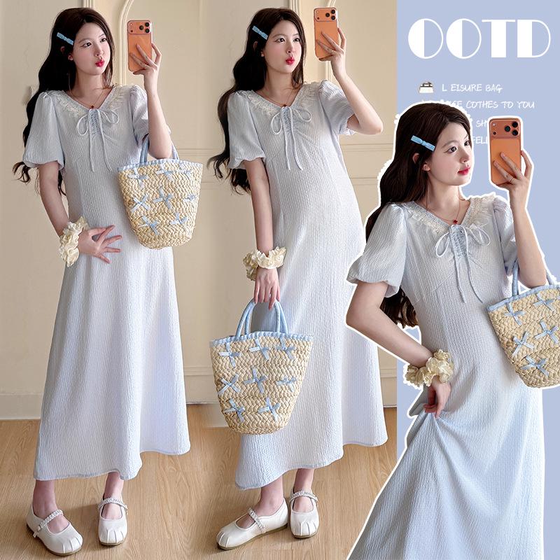 2026 French V-Neck Summer Maternity Dress - Age-Reducing, Slim Waist, Fresh and Sweet Style Large