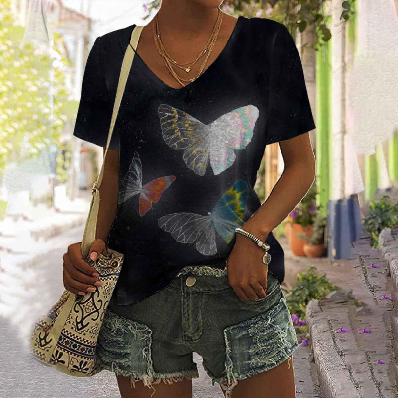 Женская футболка с V-образным вырезом и цифровым принтом в виде бабочки в стиле ретро — фото 13