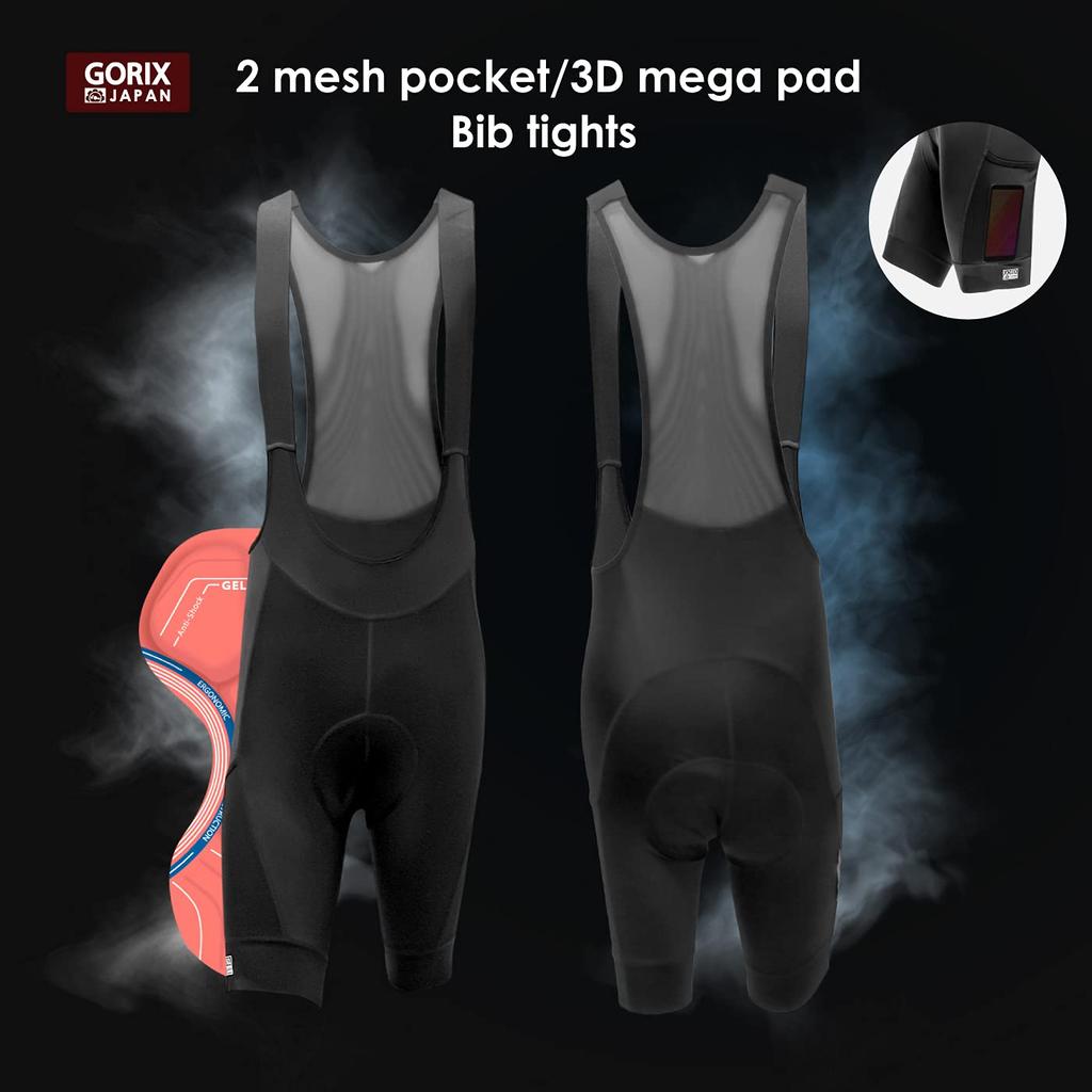 Gorix Men's Summer Bib Shorts (GW-BTMega) with Extra-Thick 3D Mega Pad, Side Pockets, and Mesh Back, Size M