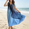 Women's Casual Loose Fit Bohemian Style Gradient Print Short Sleeve V Neck Midi Dress with Elastic Waist and Flowing Skirt for Everyday Wear