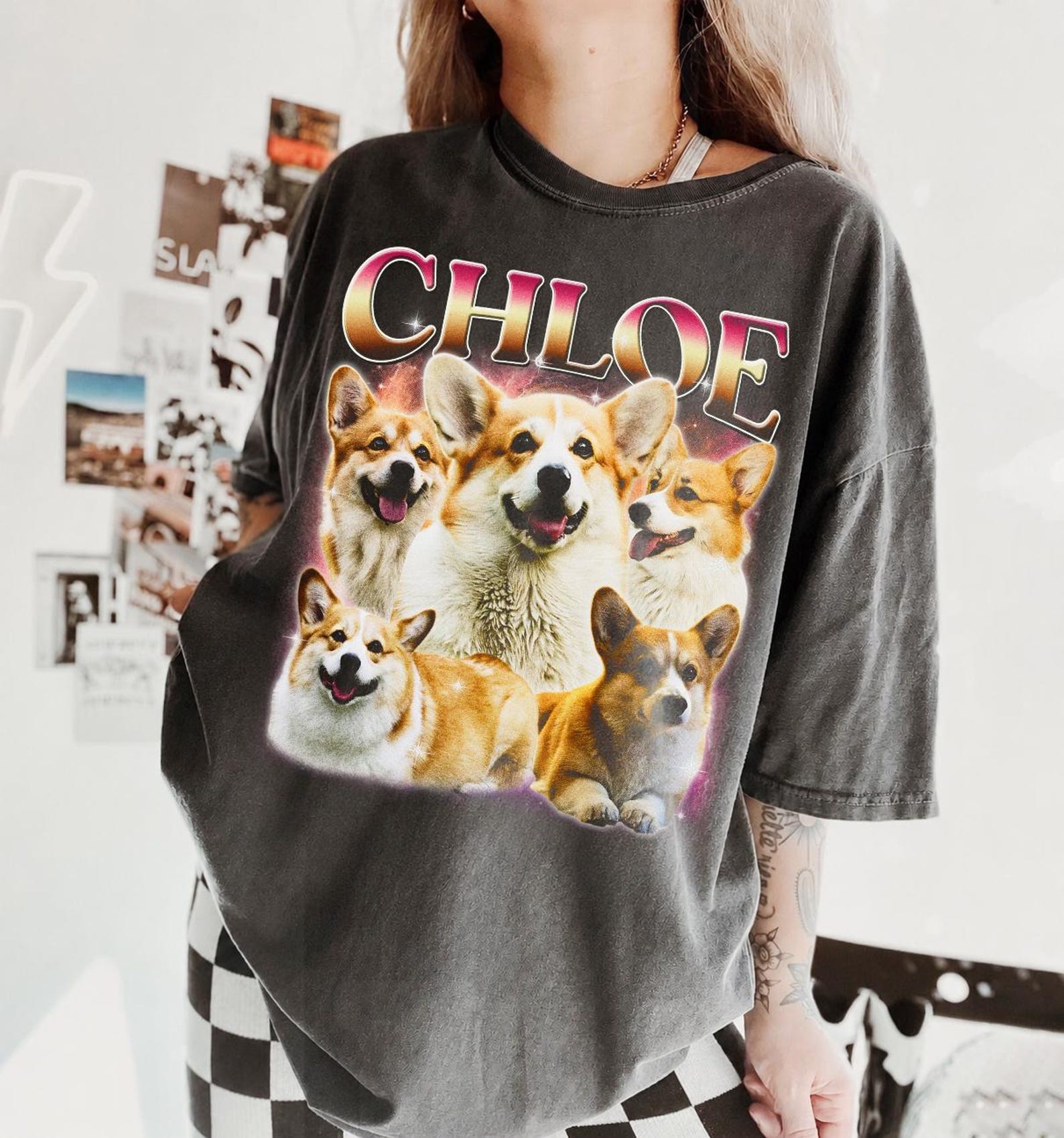 Vintage Corgi Group Portrait T-Shirt, Custom Pet Name Tee M