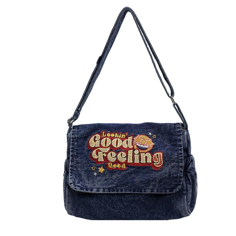 Large Capacity Denim Bag Student Class Crossbody Bag Letter Embroidery Women Commuter Tote Bag