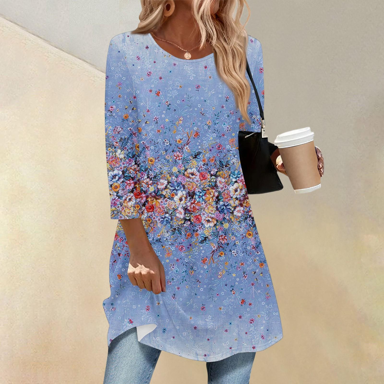 

Women s Fashion Casual Three-quarter Sleeve Long Geometric Stripe Printed Round Neck Top M синій