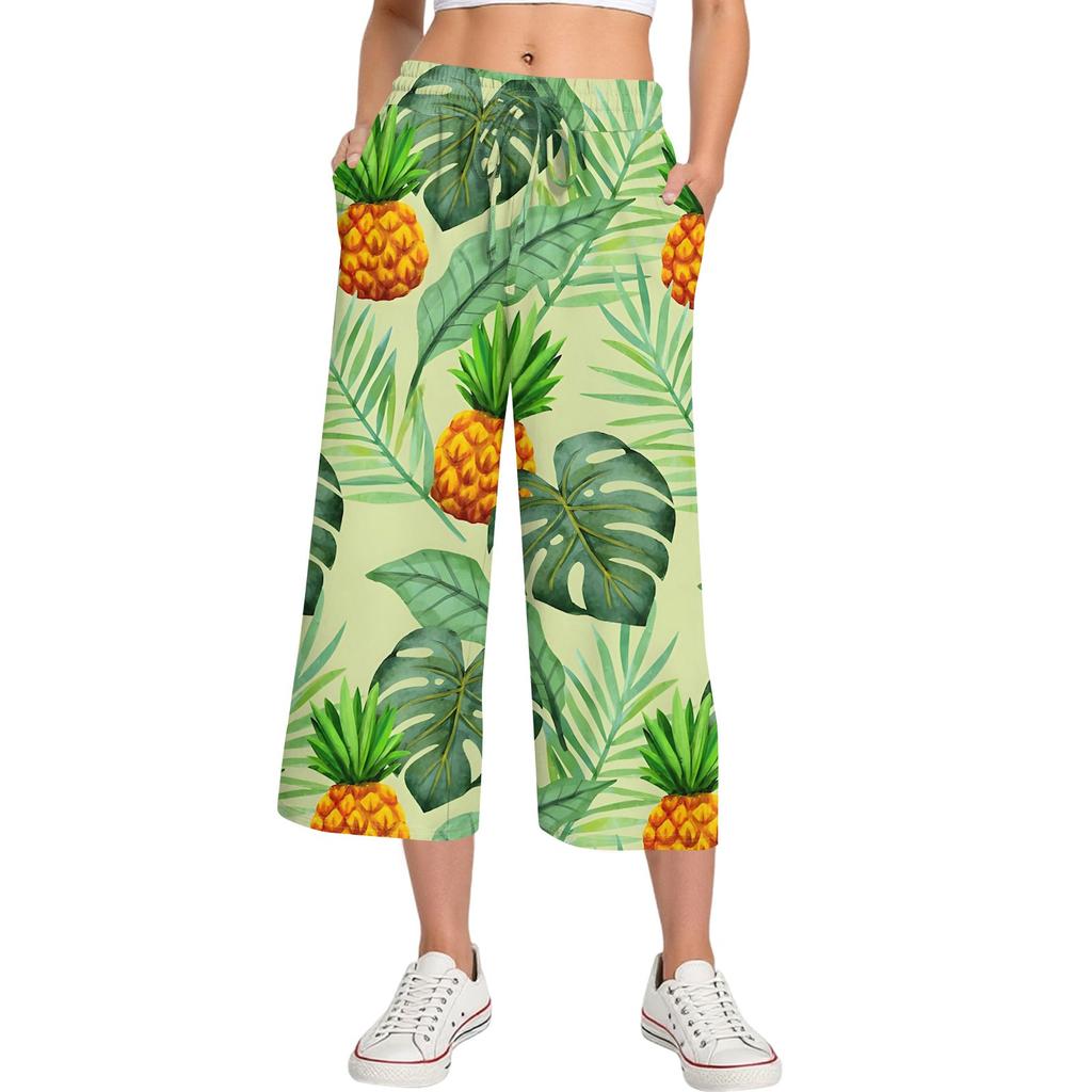 Damen Sommer Hohe Taille Bedruckte Freizeit-Sportbekleidung Lässige Cropped-Hose Weite Hose