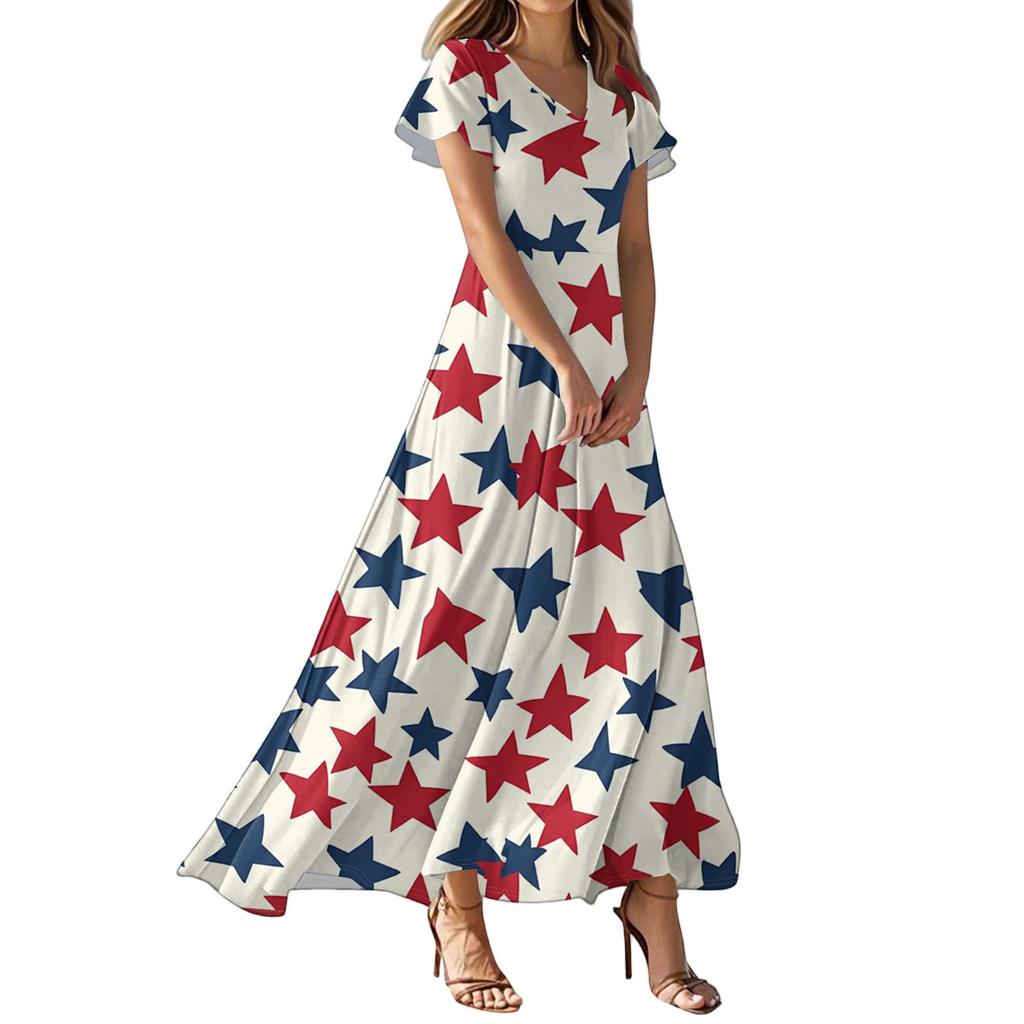 Women's Casual Fashion Print Long Dresses V-Neck Short Sleeve Dresses