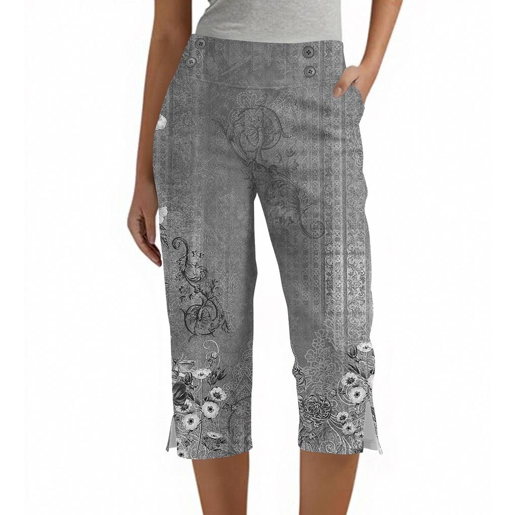 Damen Vintage Blumenmuster Knopf Tasche Hose Schlitz Hohe Taille Sport Yoga Freizeit Hose