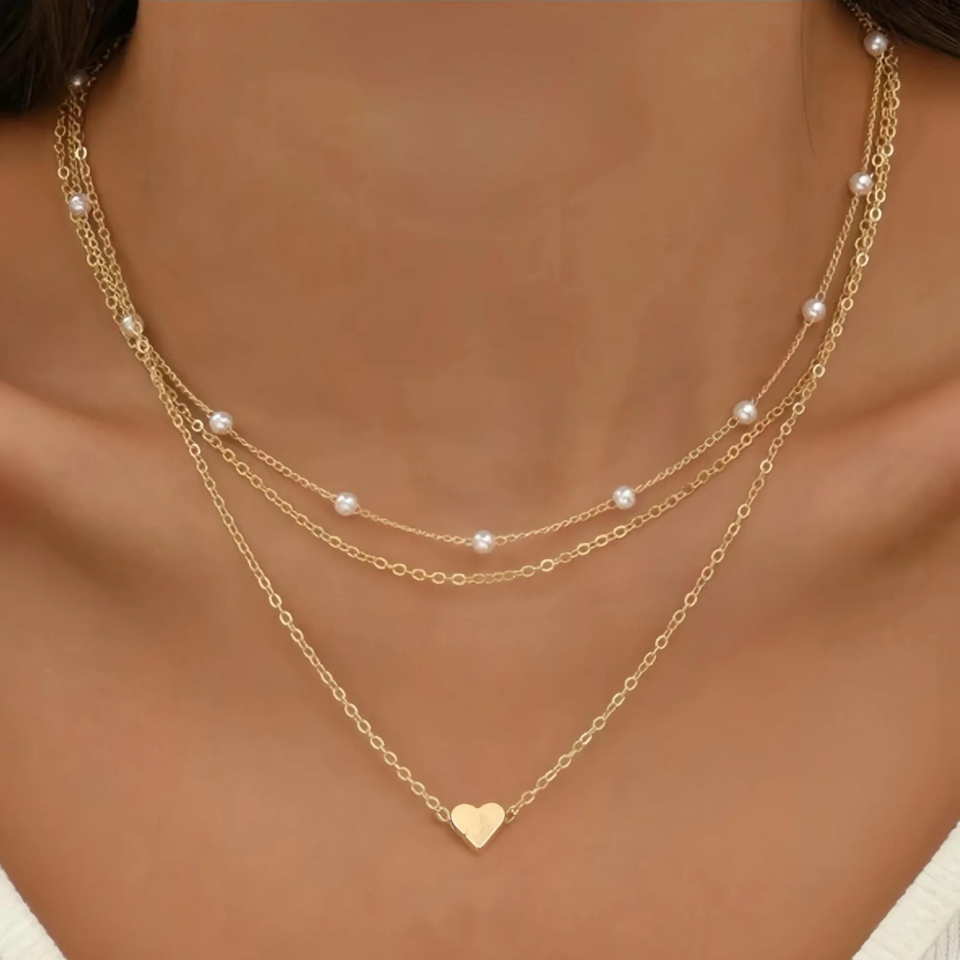 LATS Multilayer Pearl Cross Love Heart Pendant Necklaces for Women Gold Color Fashion Collarbone Neck Chain Trend Jewelry