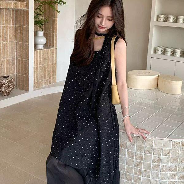 Plus Size Korean Style Black Polka Dot Lace Trim Dress (260 Jin)