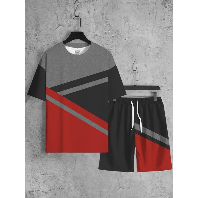 2026 New Summer Men s color block Print T-Shirt And Shorts Set Loose Simple Fashion Sportswear Casual Two Piece Outfit For Adult Men S