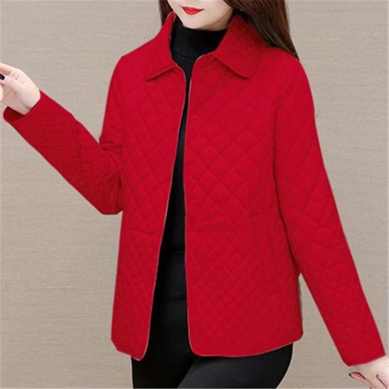 

Light and thin small padded jacket, women s rhombus grid padded short Korean version spliced padded jacket, middle-aged mother s women s clothing M【recommendation 40-52.5kg】 красный