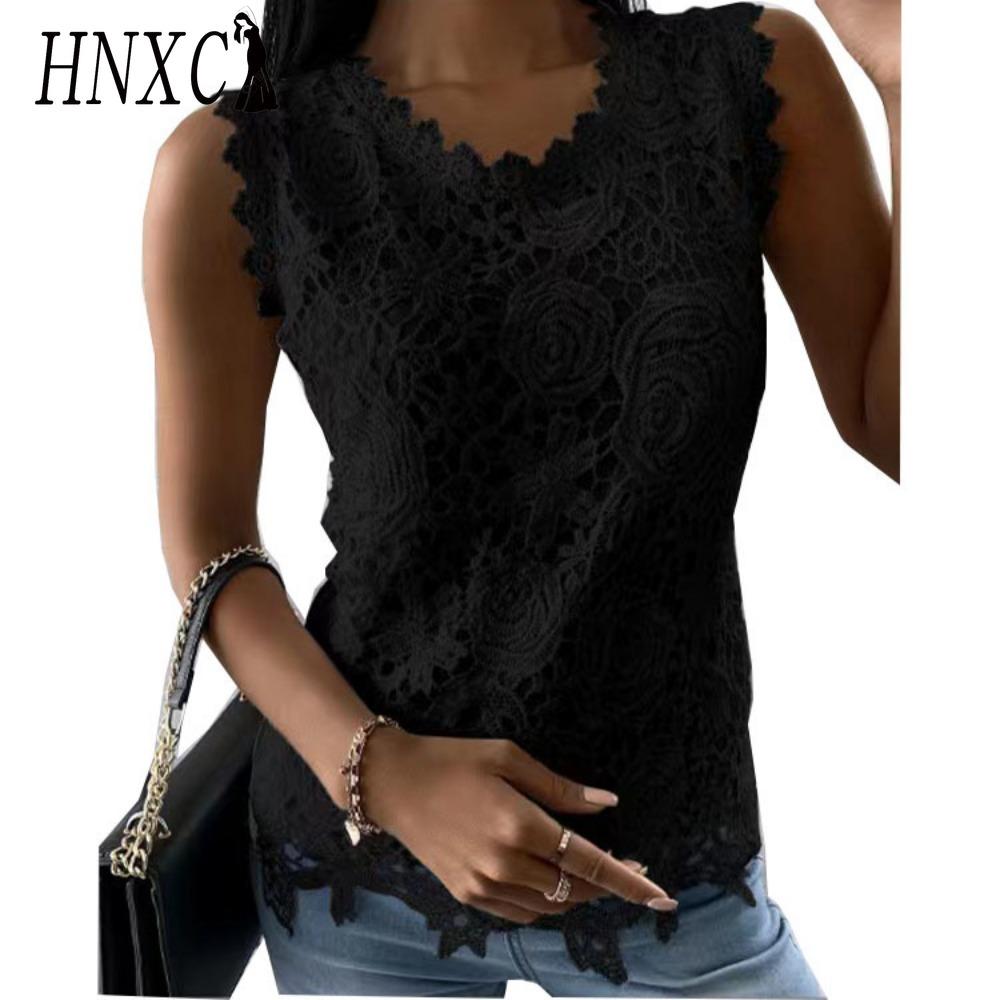 HNXC Women's Fashion Casual Solid Color Print Sleeveless O Neck Blouses & Shirts