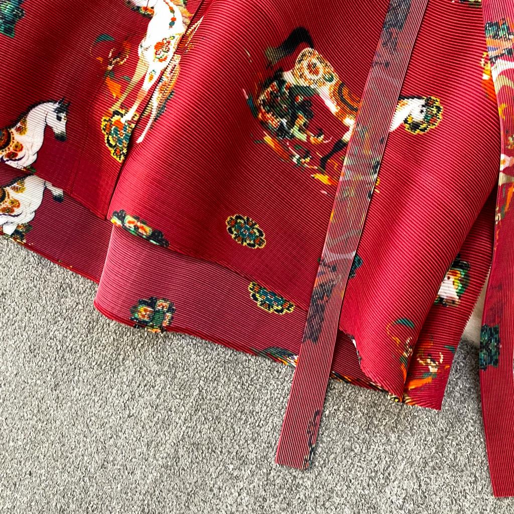 Skládané šaty s květinovým potiskem Letní Podzimní Jednorázové Zapínání Oversize Pásek Elegantní Streetwear Svetr Dámské Oblečení