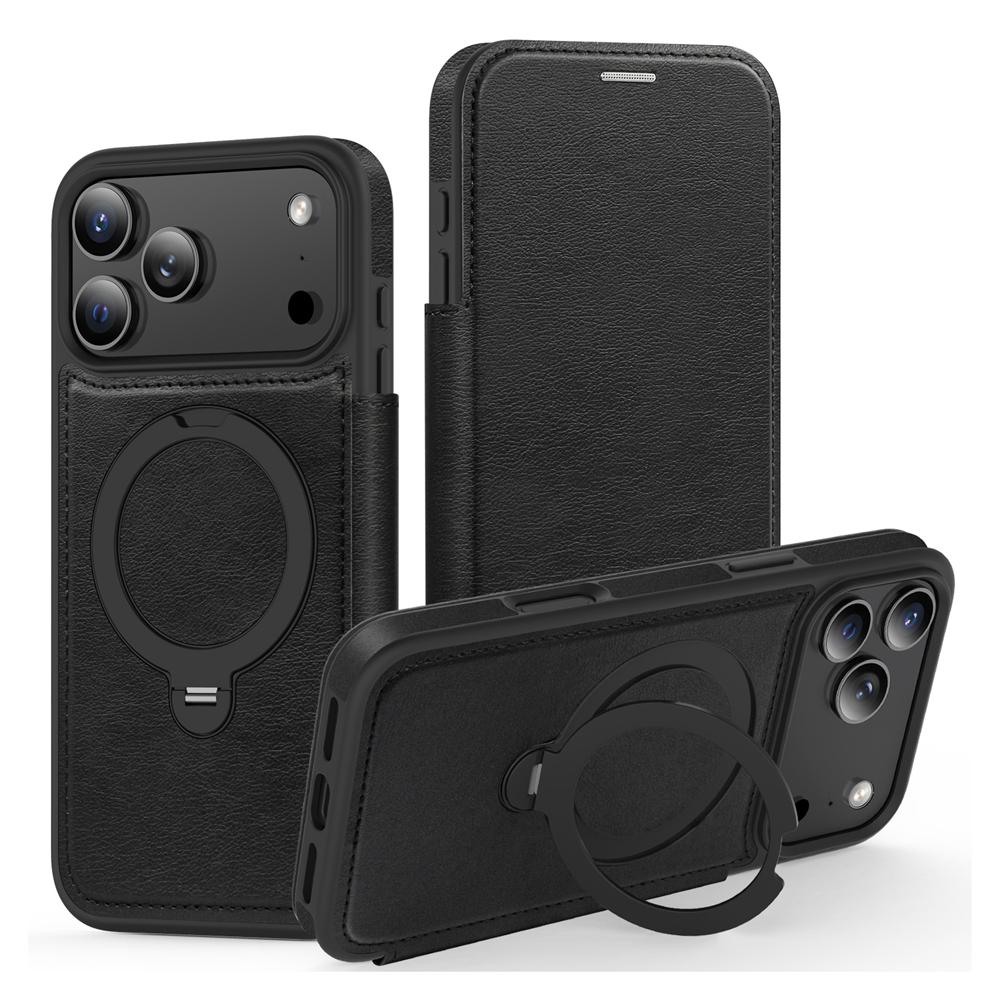 KEYSION Leather Flip Wallet Case for iPhone 15 16 17 Pro Max Air 16Plus 16e Cards Slots Magnetic 360 Ring Stand Phone Back Cover
