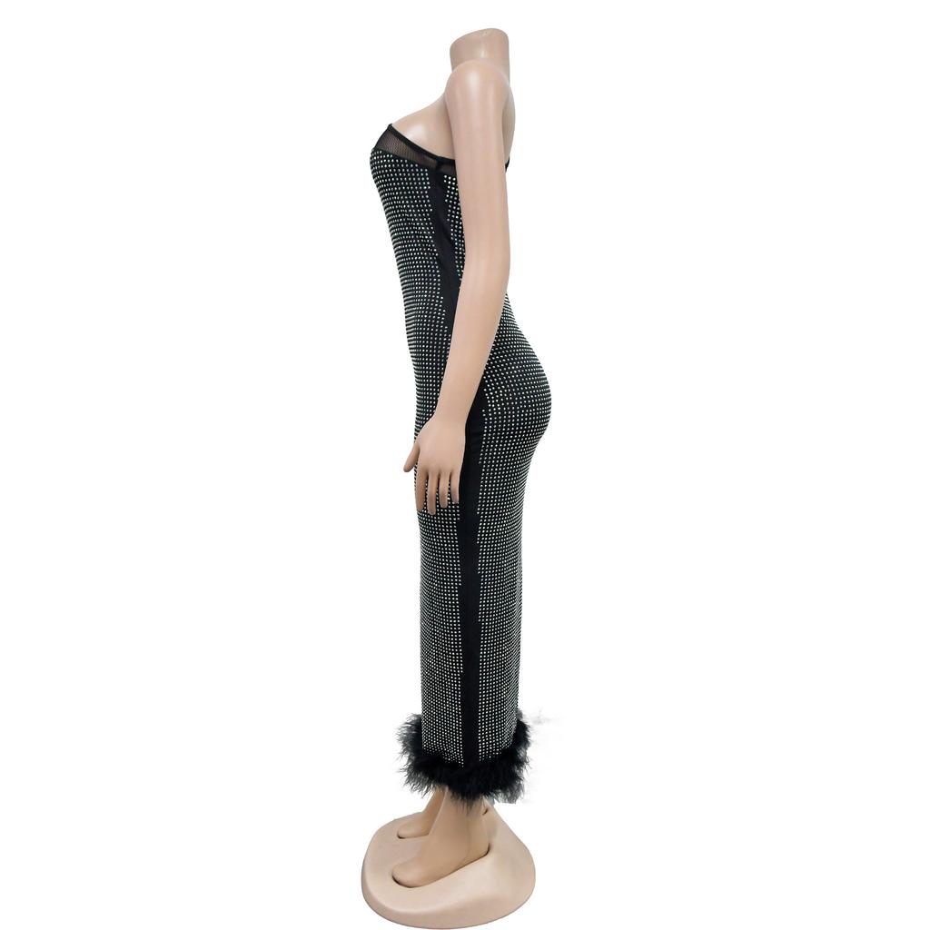 Mode Damen Kleid Eine Schulter Mesh Diamant Feder Bandage Kleider