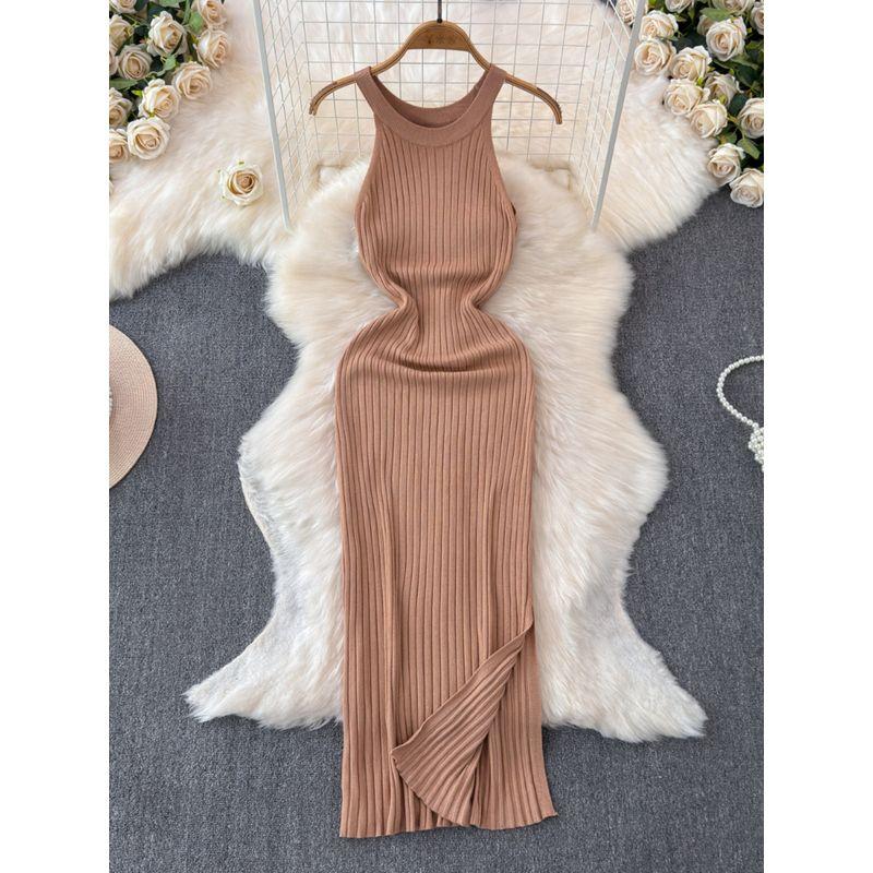 Fashion Sexy Style Sleeveless Knitting Dress Women's Summer Tight Waist Slim Looking Pure Color Stylish Niche Style Beautiful Dress