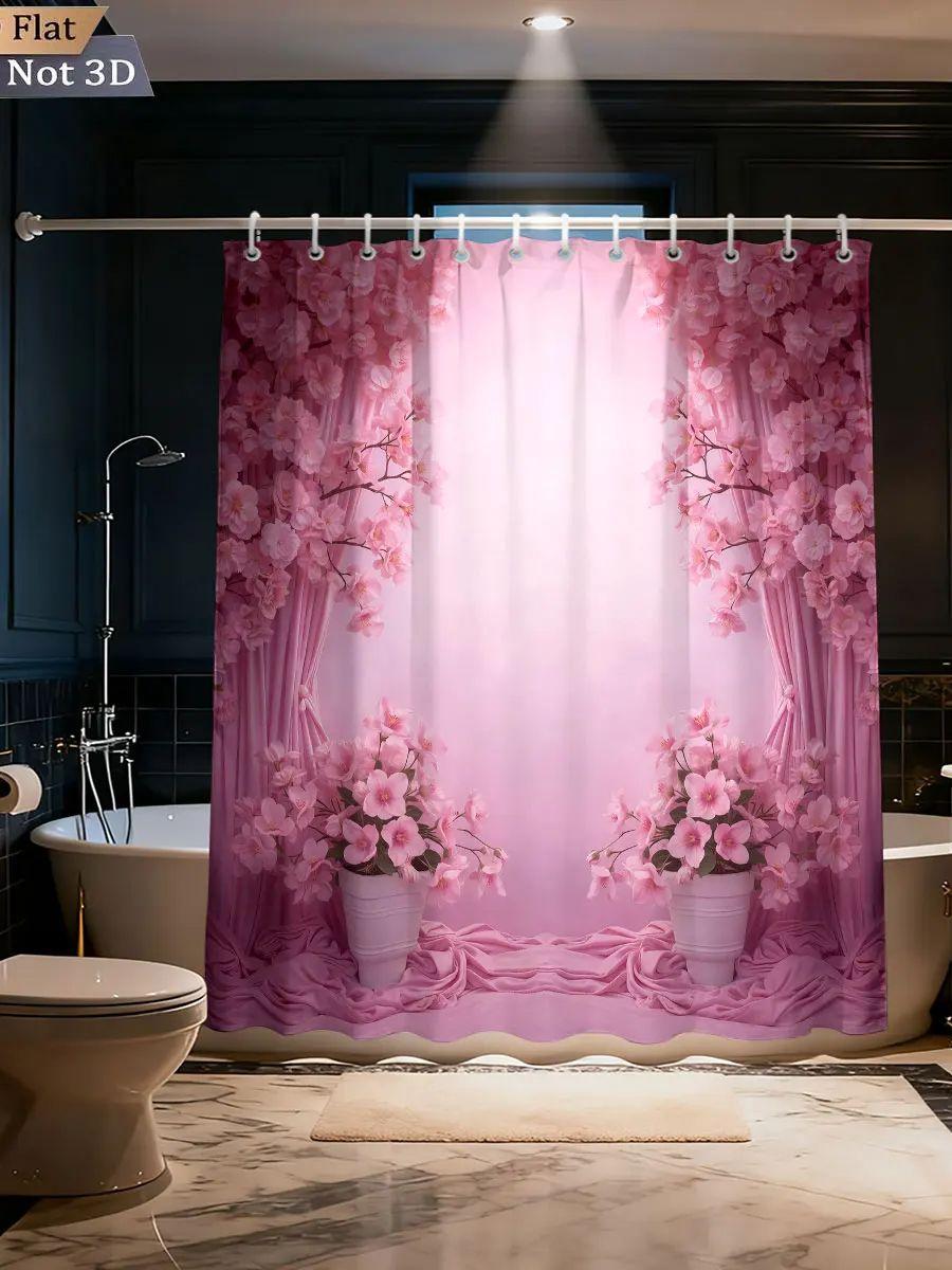 

1Pc Pink Beautiful Floral Curtain Print Waterproof Partition Privacy Shower Curtain With 12 Hooks Multiple Sizes Easy To Install W60H190(CM)-1 Pcs