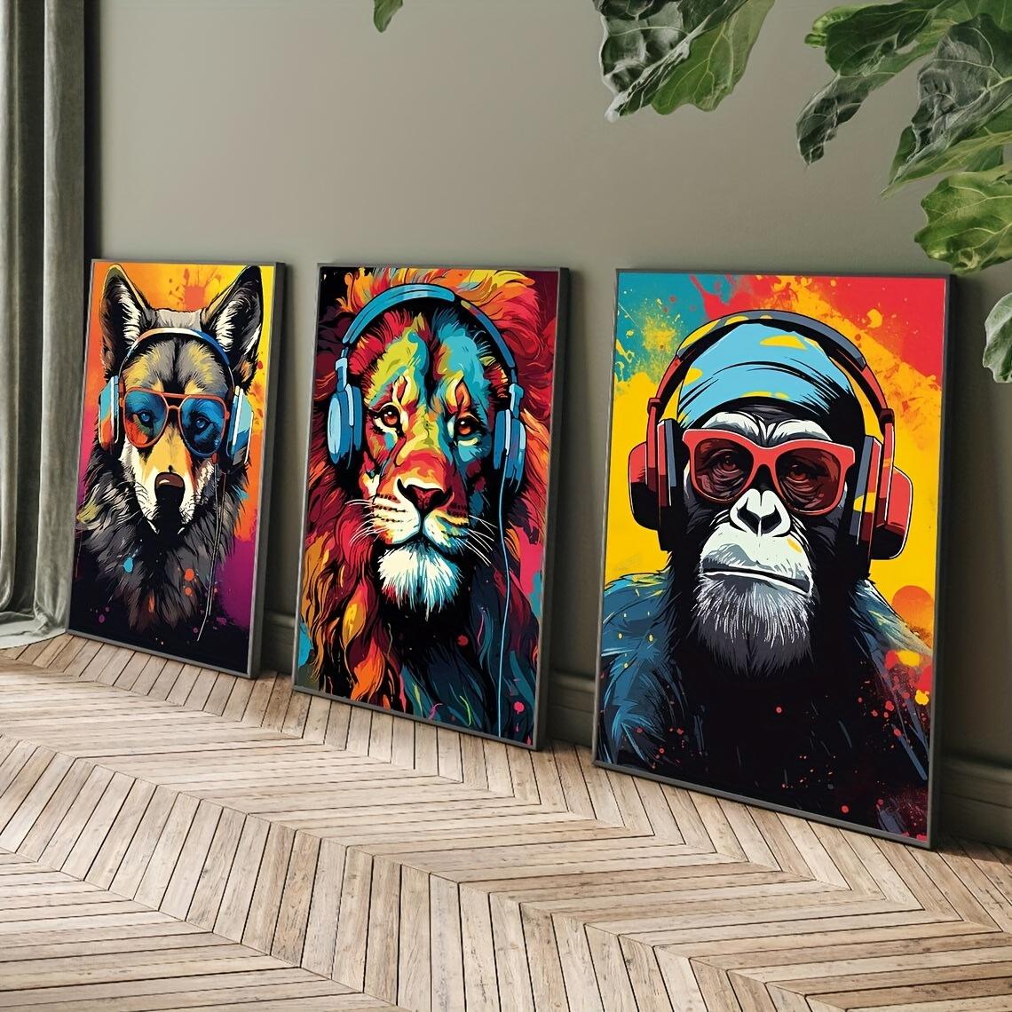 

3pcs Canvas Poster, Modern Art, Earphone Animal Tiger Wolf Chimpanzees Gaming Funky Painting, Ideal Gift for Bedroom Living Room 20x30cm-3pcs