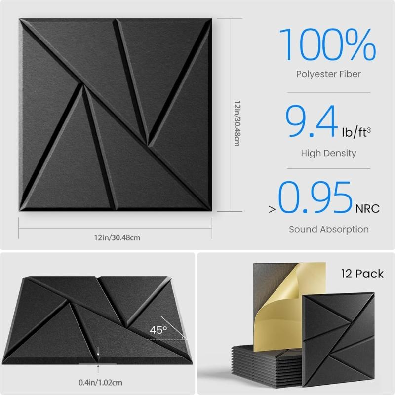 Pack of 12 Square Foam Panels Soundproof Wall Panels Acoustics Tiles Polyester Texture Perfect for Studios Bedroom Wall