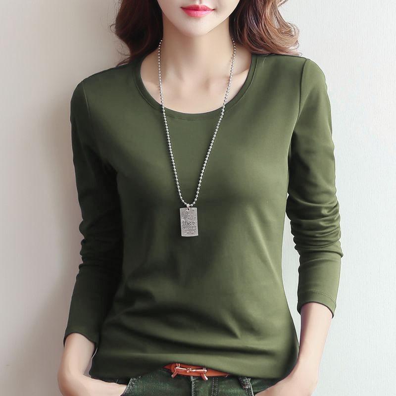 Round Neck Solid Color Long Sleeved Women's T-shirt