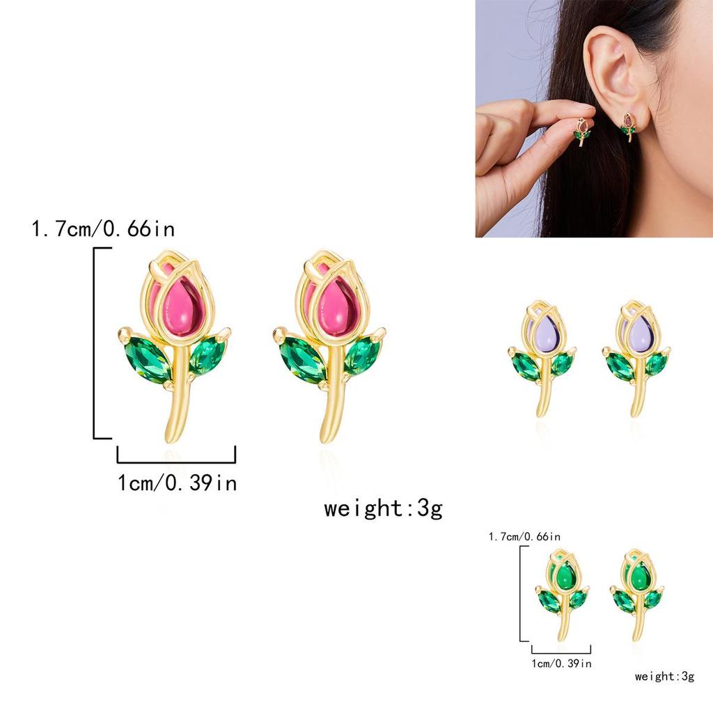 Floral Tulip Stud Earrings For Women Copper Glass Spring Fashion Jewelry
