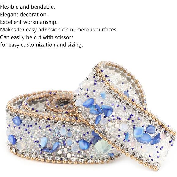 Diamond Ribbon, Dazzling 2.5cm DIY Diamond Mesh Wrap Roll Crystal Rhinestones Chain Trim Ribbon Decoration (Sapphire Blue Stone + Gold Bead Chain)